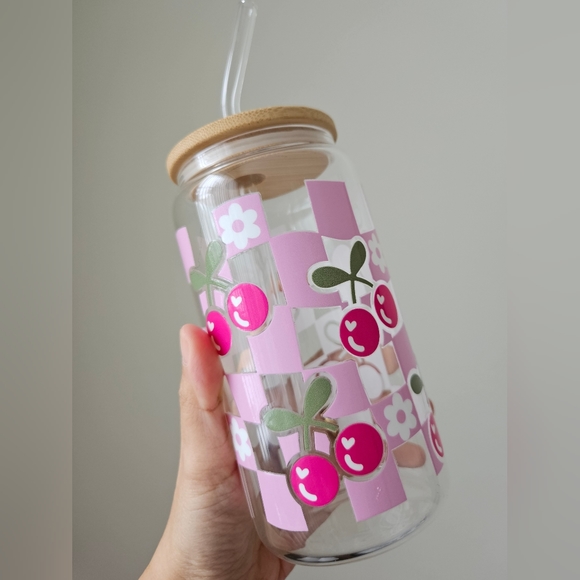 Cherry Pink Checkered 16oz Clear Beer Can Glass Cup - Picture 4 of 6